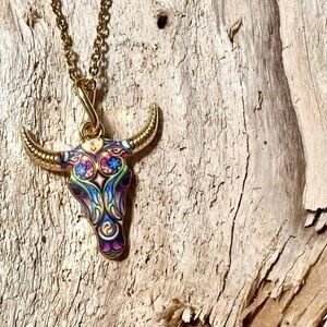 Horn/floral skull candy boho rustic gold necklace southwestern equestrian vibe